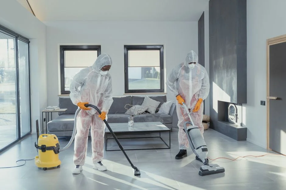 A person in personal protective equipment vacuuming indoors, ensuring a thorough clean.
